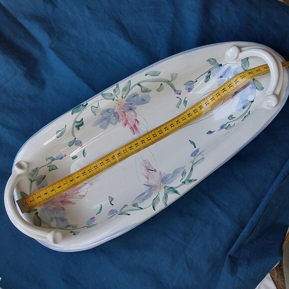 Studio pottery oblong serving dish with handles blue and pink flowers vtg 1993 - Picture 13 of 13